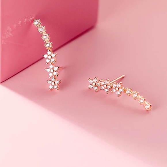 Cherry Blossom Diamond Climber/Crawler Floral Gold Dainty Wedding Gift Earrings - Picture 5 of 8